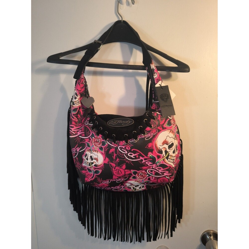NWT Ed Hardy Fringe Hobo Bag Black Pink Skull Rose Tattoo Y2K Shoulder Purse New
